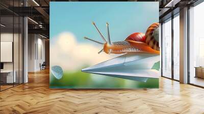 Snail riding paper plane as speed up concept.  Wall mural